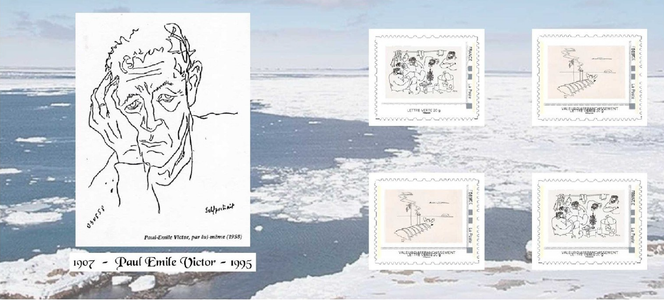 Collector Paul-Emile Victor, d’après des dessins de Paul-Emile Victor, 12 euros version neuve ou oblitérée.
