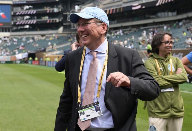John Textor walks on the pitch ahead the FIFA Club World Cup 2025 round of 16 all-Brazilian football match between Palmeiras and Botafogo at Lincoln Financial Field Stadium in Philadelphia on June 28, 2025.