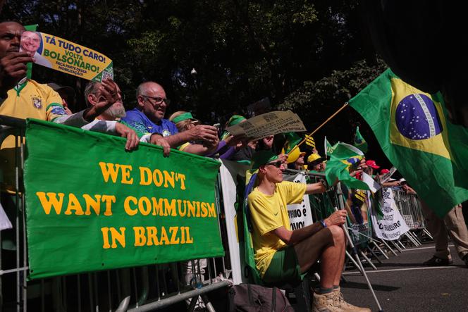 Des partisans de l’ancien président Jair Bolsonaro protestent contre son procès devant la Cour suprême, dans lequel il est accusé d’avoir participé à une tentative de coup d’Etat en 2022, à Sao Paulo, dimanche 29 juin 2025.
