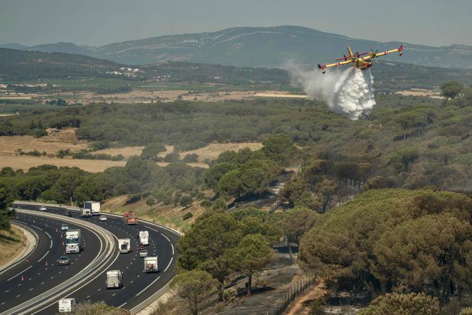 Un Canadair largue de l’eau près de l’autoroute A61, au lendemain d’un incendie de forêt près de Bizanet (Aude), le 30 juin 2025.