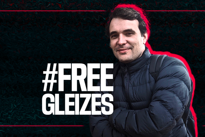 Visuel de campagne pour la libération du journaliste Christophe Gleizes du magazine « So Foot », emprisonné en Algérie, diffusé par l’association Reporters sans frontières, le 29 juin 2025.