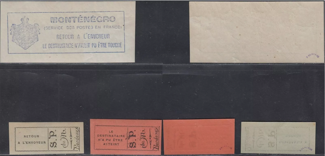 Sélection de timbres de retour des postes monténégrines de Bordeaux, près de 200 euros sur eBay.