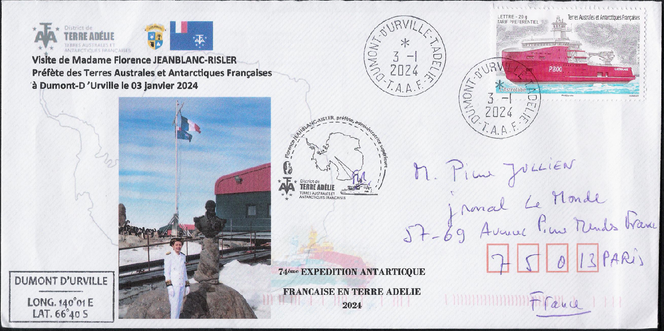 Courrier de la préfète et administratrice supérieure des TAAF, Florence Jeanblanc-Risler, posté le 3 janvier 2024 en Terre Adélie.