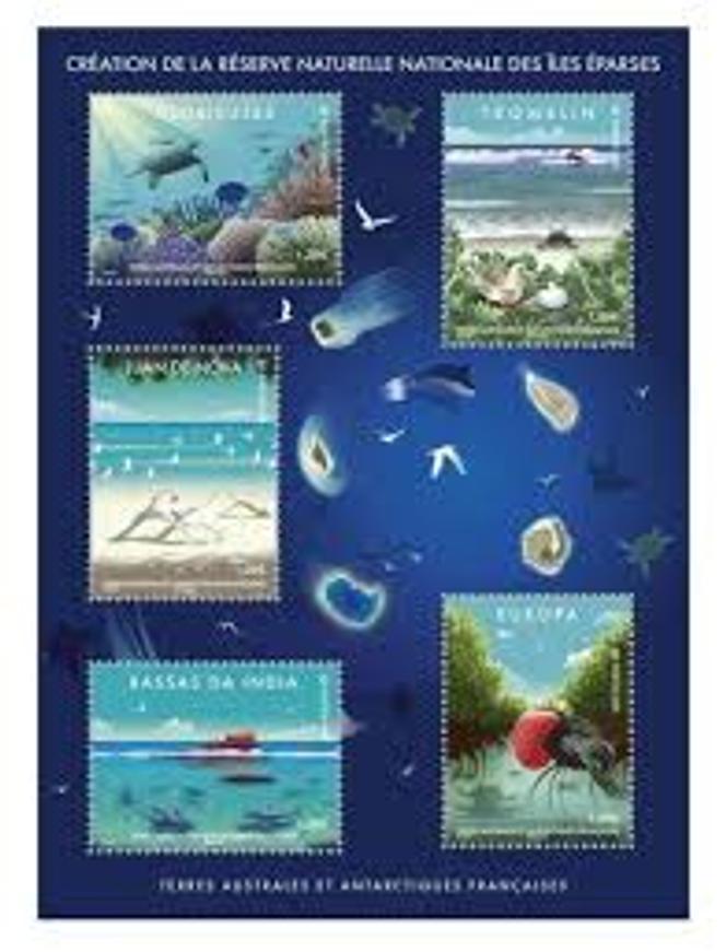 Bloc-feuillet non émis des TAAF annonçant la « création de la réserve naturelle des îles Eparses » qui n’est toujours pas actée...