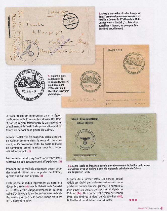 Marques postales utilisées en 1944 et 1945 dans la « poche » de Colmar (extrait de l’article publié dans « Timbres magazine »).