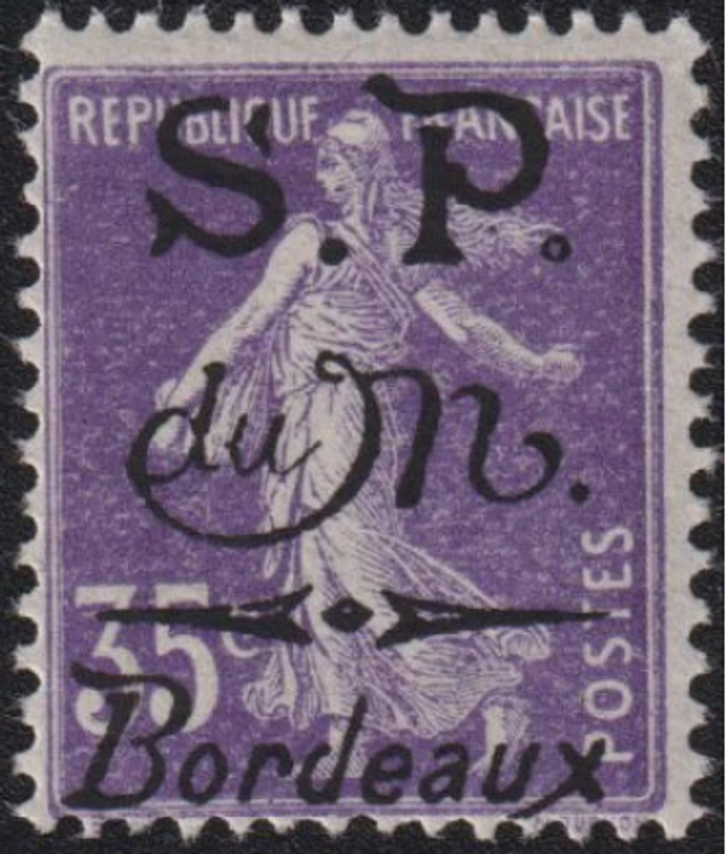 35 centimes violet au type « Semeuse » surchargée par les postes du Monténégro de Bordeaux, n° 7 du catalogue Yvert et Tellier, coté de 35 à 75 euros, selon l’état.