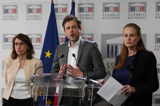 The deputies Fatiha Keloua-Hachi (Socialist Party, Seine-Saint-Denis), Paul Vannier (La France Insoumise, Val-d'Oise) and Violette Spillebout (Renaissance, Nord), in Paris, April 10, 2025.