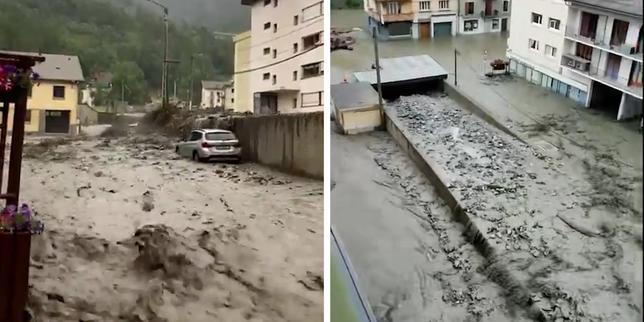 Captures d’écran des coulées de boue de Modane (Savoie), tirées de vidéos datée du 1er juillet 2025.