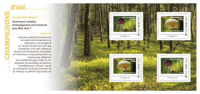 « Champignons d’été », collector de quatre timbres. Conception graphique : Bruno Ghiringhelli. D’après photos : © Emilie Pandreau, © David Gaultier, © Frédéric Grimaître, © David Greyo, © Michel Lefèvre/Naturimages.