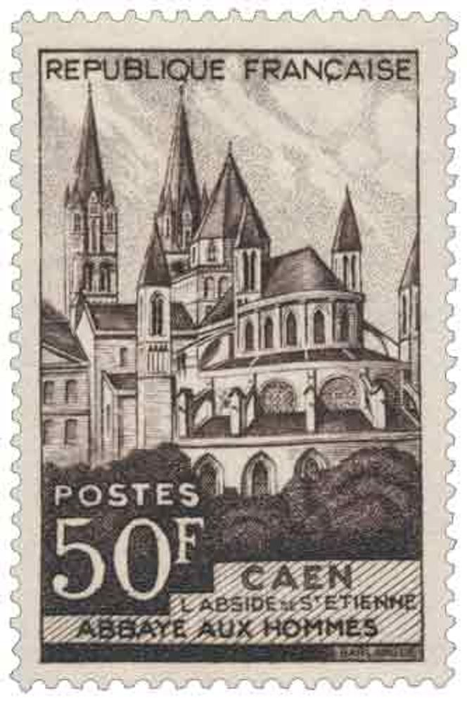 « Caen L’abside de Saint-Etienne - Abbaye aux Hommes », timbre dessiné et gravé par Gabriel-Antoine Barlangue, paru en 1951.