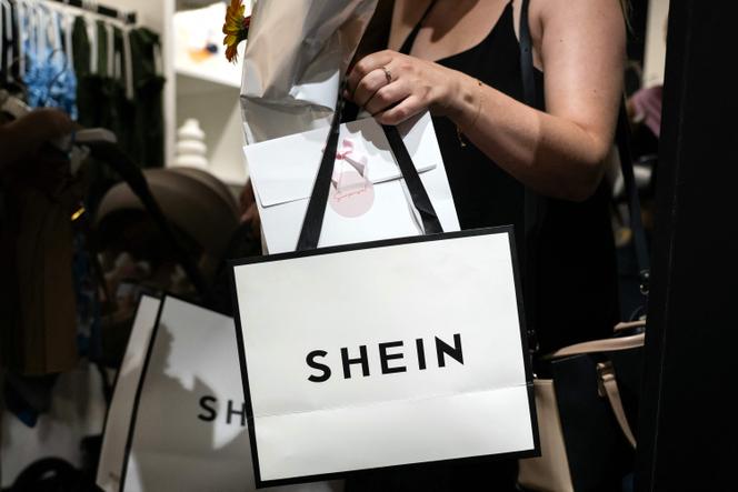 Uma cliente segura suas malas na saída de uma loja pop-up da marca de Shein Fast-Fashion, fundada na China, em Dijon, em 26 de junho de 2025. 
