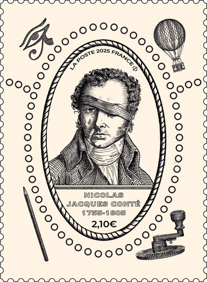 « Nicolas-Jacques Conté 1755-1805 », : création de Clovis Rétif et gravure de Louis Genty, d’après photos. Portrait de Nicolas Jacques Conté, gravure (inv.20458) © Musée des arts et métiers, Paris / photo Studio Cnam et ballon d’observation © SSPL/UIG / Bridgeman Images.