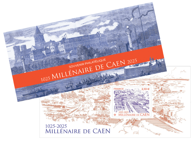 Souvenir philatélique « Millénaire de Caen », création Stéphane Humbert-Basset, couverture © Georges Bouet, « Inauguration du canal de Caen à la mer« , 1857, Musée de Normandie, ville de
Caen.