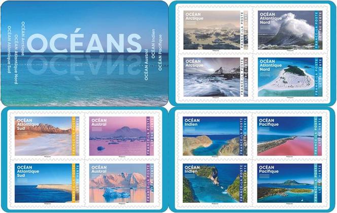 « Océans », carnet de douze timbres. Conception graphique d’Etienne Théry d’ap. photos © Hemis.fr.