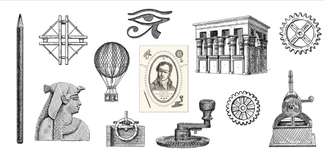 « Nicolas-Jacques Conté », souvenir philatélique, carte, mise en page de Clovis Rétif, vue de la mosquée du sultan Hassan, Le Caire, Egypte –
dessin de Nicolas-Jacques Conté © Content_DFY /
Aurimages. Feuillet, création Clovis Rétif d’après © Musée des Arts et Métiers – Cnam/photo Pascal Faligot.