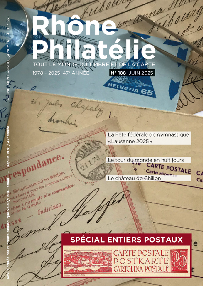 « Rhône philatélie », 48 pages, trimestriel édité par l’Entente philatélique Valais/Haut-Léman. Adresse : Entente philatélique Valais/Haut-Léman, 1860 Aigle, Suisse. Courriel : rhonephilatelie@bluewin.ch. En vente par correspondance.