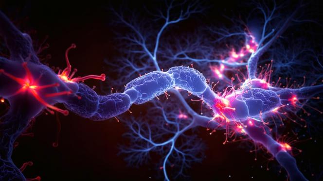 Image 3D d’un réseau de cellules neuronales sur fond noir. 