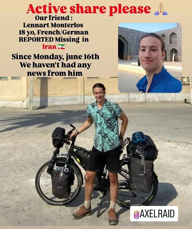Avis de recherche publié sur le compte Instagram @thelongridec2c.2 montrant Lennart Monterlos, disparu depuis le 16 juin 2025, alors qu’il voyageait à vélo en Iran, sur une photo prise dans un lieu inconnu.