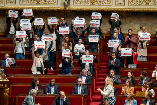 Les députés « insoumis » montrent des banderoles avec les noms des agriculteurs morts pendant les débats à l’Assemblée nationale française sur la loi Duplomb, à Paris, le 26 mai 2025.