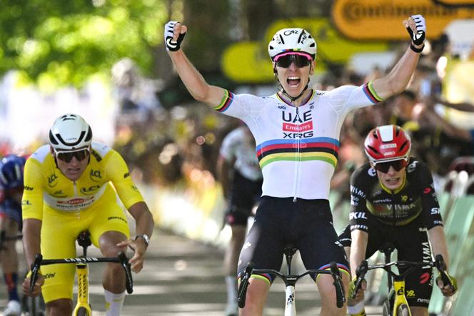 Slovenian Tadej Pogacar cycles to win ahead of Dutch Mathieu van der Poel taking second place and Danish rider Jonas Vingegaard taking third during the Tour de France fourth stage on between Amiens and Rouen, France, July 8, 2025.