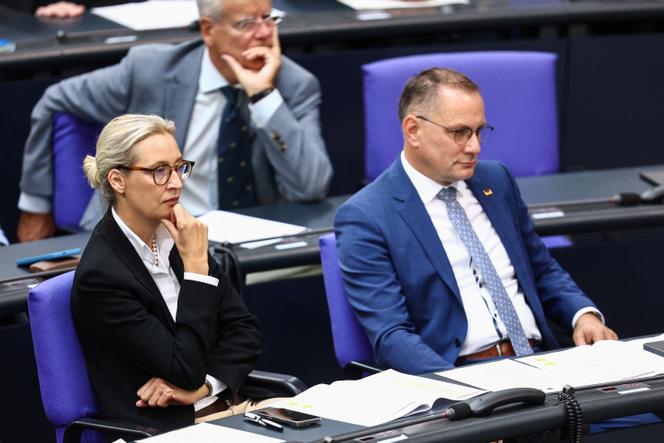 Alice Weidel et Tino Chrupalla, codirigeants du parti d’extrême droite Alternative für Deutschland (AfD), assistent à la session budgétaire 2025-2029 au Bundestag, à Berlin, le 8 juillet 2025.