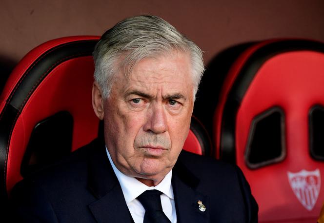 Carlo Ancelotti, alors entraîneur du Real Madrid, lors d’un match face au FC Seville, le 18 mai 2025 à Séville (Espagne).