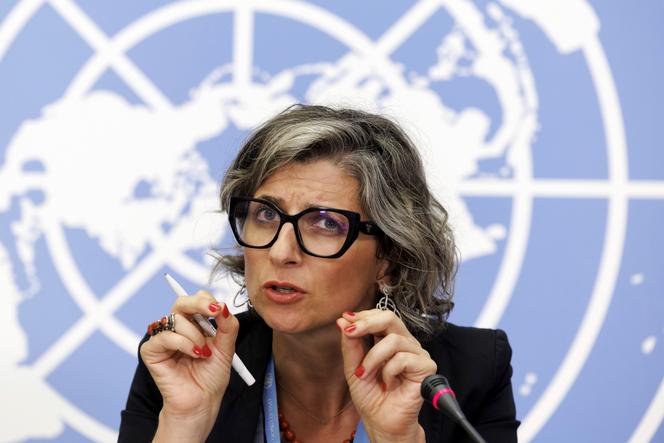 Francesca Albanese, rapporteure spéciale de l’ONU pour les Territoires palestiniens, lors d’une conférence de presse au siège européen des Nations unies, à Genève, le 11 juillet 2023.