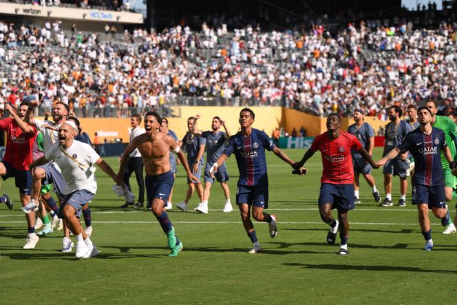 Paris Saint-Germain players celebrate after the team's victory during the FIFA Club World Cup 2025 semi-final match against Real Madrid at MetLife Stadium on July 9, 2025 in East Rutherford, New Jersey.