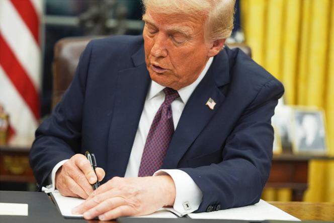 Donald Trump lors de la signature du décret sur le droit du sol, le 20 janvier 2025 à Washington.