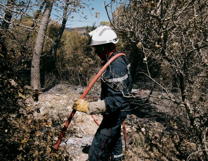 Un pompier rafraîchit un point chaud pour éviter une reprise de feu, dans les environs de Bages (Aude) le 9 juillet 2025