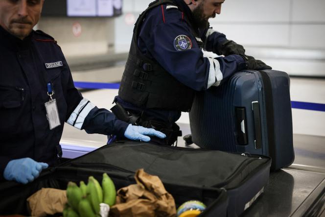 Des agents des douanes françaises fouillent les bagages d’un passager à l’aéroport Paris-Charles-de-Gaulle, près de Paris, le 21 mars 2025.