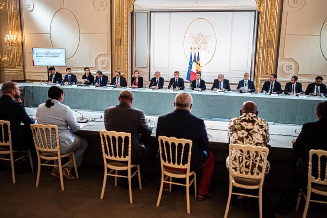Le président de la République, Emmanuel Macron, lors de la conclusion, au palais de l’Elysée, du Sommet pour l’avenir de la Nouvelle-Calédonie, à Paris, le 12 juillet 2025.