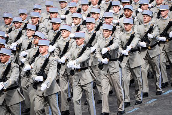 Students from the École Nationale des Sous-Officiers d'Active (National Active Non-Commissioned Officers School) during the Bastille Day parade in Paris on July 14, 2025.