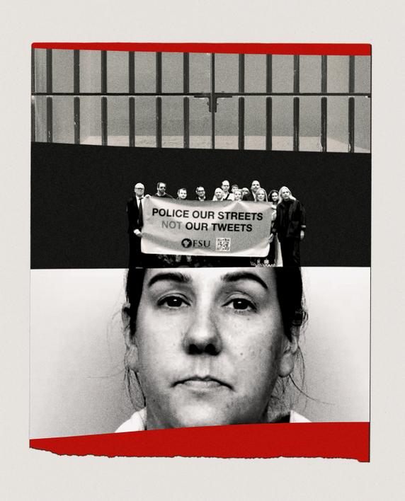 Illustration à partir d’une photo prise par la police britannique de Lucy Connolly lors de son arrestation en août 2024 et d’une manifestation en soutien de l’assistante maternelle.