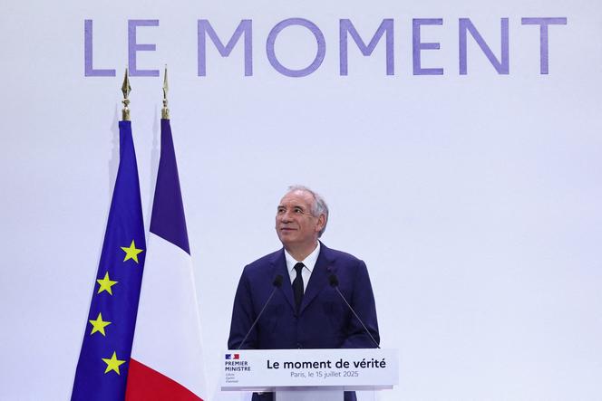 Le premier ministre, François Bayrou, lors de la conférence de presse de présentation de son plan pour le budget 2026, à Paris, mardi 15 juillet 2025.