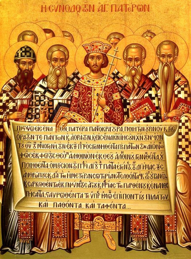 Représentation de l’empereur Constantin et des évêques lors du premier concile de Nicée (aujourd’hui en Turquie), en 325. 