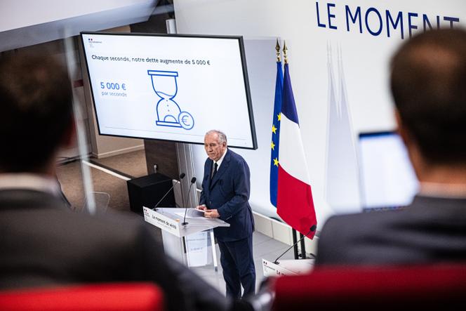 Le premier ministre, François Bayrou, lors de la présentation des orientations retenues pour enrayer le déficit public pour le budget de 2026, à Paris, le 15 juillet 2025.