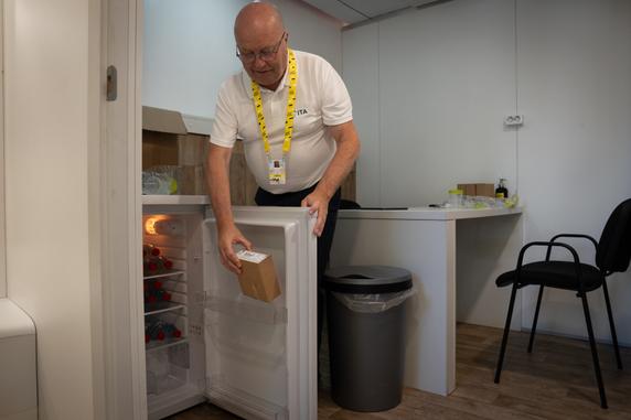A reenactment of the process of urine collection and storage during an anti-doping test; the collected urine is stored in a refrigerator before being sent to a laboratory for analysis, in Toulouse, July 16, 2025.