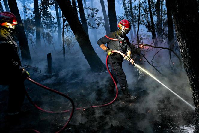 Les pompiers luttent contre un incendie dans la forêt de Brocéliande, à Tréhorenteuc, le 17 juillet 2025.