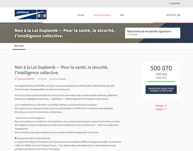 La pétition « Non à la loi Duplomb », sur le site de l’Assemblée nationale, le 19 juillet 2025, à 16h.