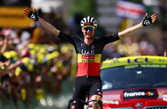 Tim Wellens celebrates as he crosses the finish line to win stage 15, in Carcassonne, July 20, 2025.