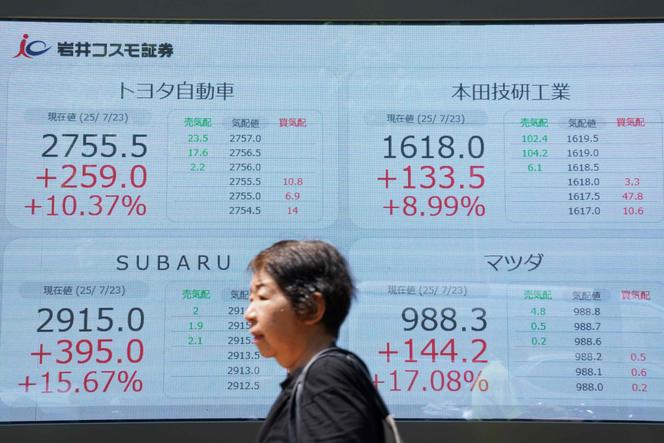 Un panneau d’affichage électronique indiquant les cours des actions des principaux constructeurs automobiles japonais, à la Bourse de Tokyo, mercredi 23 juillet 2025.