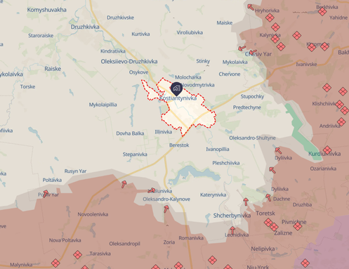Captura de pantalla del mapa del frente de Kostiantynivka mantenido por analistas de datos de código abierto en el sitio web ucraniano DeepState.