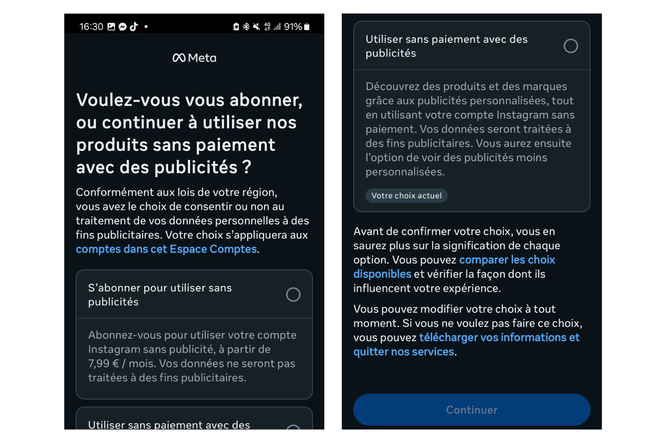 En juillet 2025, Meta a diffusé un message aux  utilisateurs de Facebook et Instagram les incitant à choisir entre un abonnement payant et l’utilisation de leurs données personnelles.