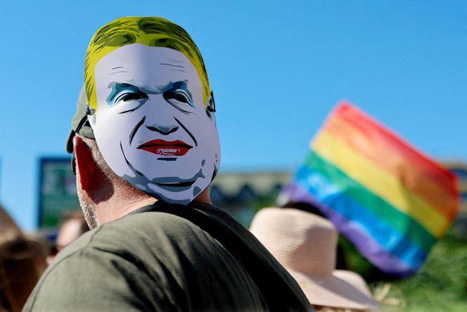 Une personne porte un masque représentant le premier ministre hongrois, Viktor Orban, à l’arrière de la tête lors de la marche des fiertés de Budapest, en Hongrie, le 28 juin 2025. 