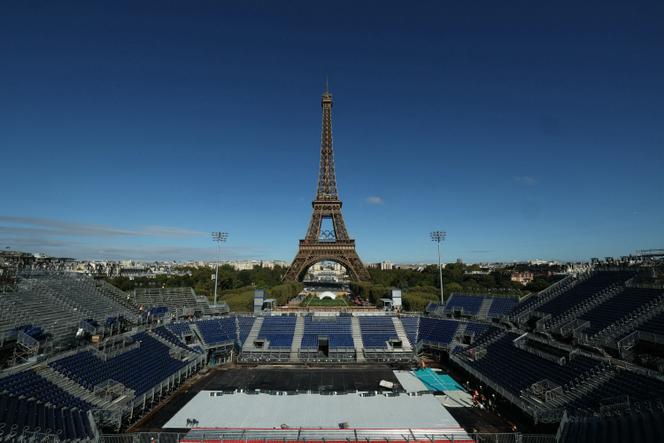 The 'Stade Tour Eiffel,' installed on the Champ-de-Mars for the 2024 Olympic Games, during dismantling work, September 13, 2024, in Paris.