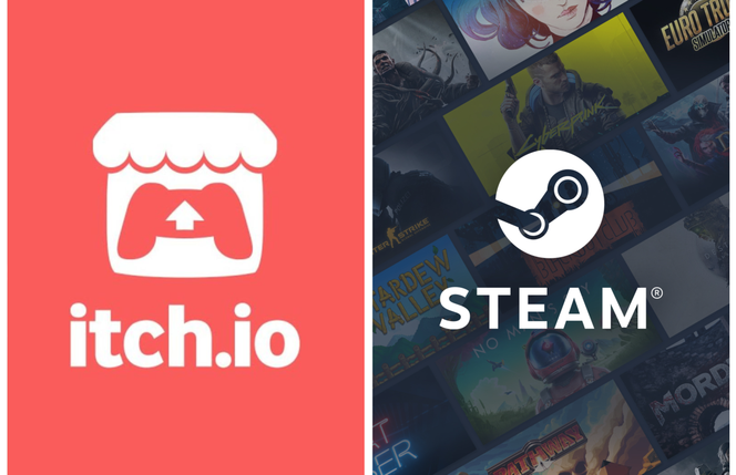 A gauche, le logo de la plateforme de vente de jeux vidéo itch.io ; à droite, celui de Steam. 