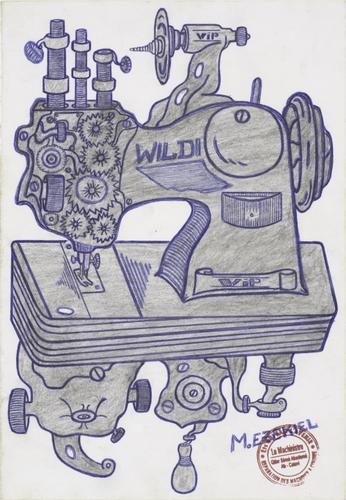 « Sans titre », d’Ezekiel Messou (avant 2019, machine à coudre Wildi, 29,8 cm x 20,7 cm, mine graphite, stylo à bille et tampon sur papier. Donation Bruno Decharme en 2021).