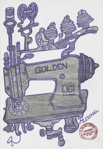 « Sans titre », d’Ezekiel Messou (avant 2019, machine à coudre Golden, 29,8 cm x 20,9 cm, mine graphite, stylo à bille et tampon sur papier. Donation Bruno Decharme en 2021).