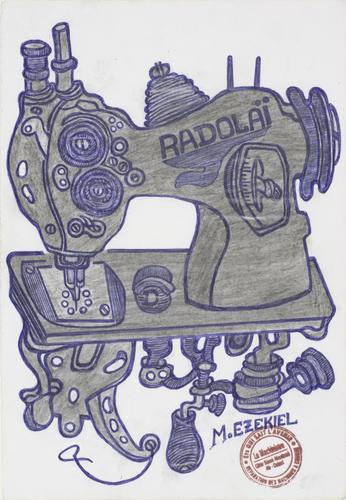 « Sans titre », d’Ezekiel Messou (avant 2019, machine à coudre Radolaï, 30 cm x 20,6 cm, mine graphite, stylo à bille et tampon sur papier. Donation Bruno Decharme en 2021).